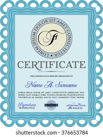Light blue Certificate of achievement. With complex linear background. Vector certificate template. Retro design. 