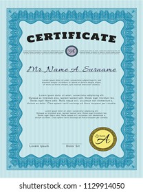 Light blue Certificate of achievement. Cordial design. Detailed. Printer friendly. 