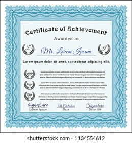 Light blue Certificate of achievement. Customizable, Easy to edit and change colors. With great quality guilloche pattern. Modern design. 