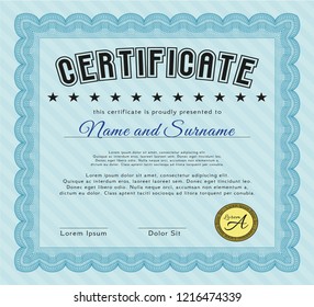 Light blue Certificate of achievement. Customizable, Easy to edit and change colors. With guilloche pattern and background. Money Pattern. 