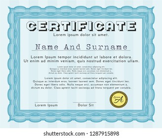 Light blue Certificate of achievement. Customizable, Easy to edit and change colors. With complex linear background. Money Pattern design. 