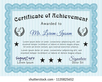 Light blue Certificate of achievement. Detailed. With complex linear background. Lovely design. 