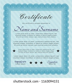 Light blue Certificate of achievement. Detailed. Easy to print. Money style design. 