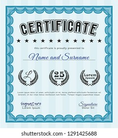 Light blue Certificate of achievement. Detailed. With background. Sophisticated design. 