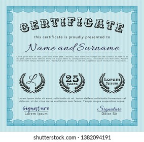 Light blue Certificate of achievement. Detailed. With linear background. Money Pattern. 