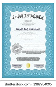 Light blue Certificate of achievement. Detailed. With complex linear background. Retro design. 