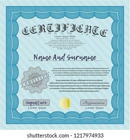 Light blue Certificate of achievement. Easy to print. Vector illustration. Money Pattern design. 
