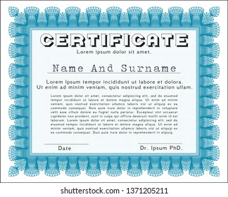 Light blue Certificate of achievement. Easy to print. Vector illustration. Cordial design. 