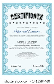 Light blue Certificate of achievement. Easy to print. Vector illustration. Money Pattern design. 