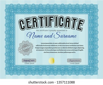 Light blue Certificate of achievement. Elegant design. Vector illustration. With background. 