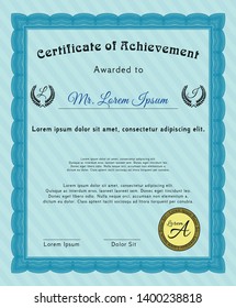 Light blue Certificate of achievement. Elegant design. Vector illustration. Complex background. 
