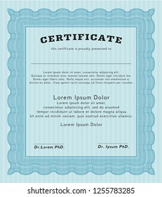Light blue Certificate of achievement. Excellent design. With guilloche pattern and background. Vector illustration. 