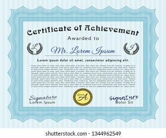 Light blue Certificate of achievement. Excellent design. With background. Vector illustration. 