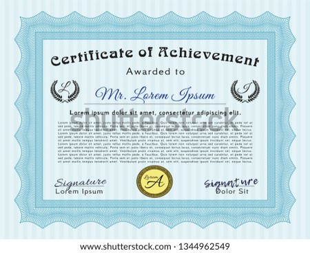 Light blue Certificate of achievement. Excellent design. With background. Vector illustration. 