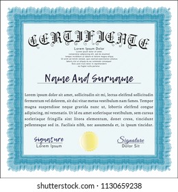 Light blue Certificate of achievement. Good design. Customizable, Easy to edit and change colors. With complex linear background. 