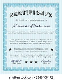 Light blue Certificate of achievement. With great quality guilloche pattern. Excellent design. Detailed. 