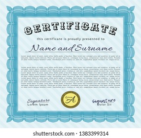 Light blue Certificate of achievement. With guilloche pattern and background. Elegant design. Vector illustration. 