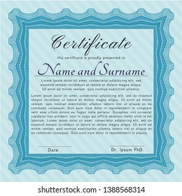 Light blue Certificate of achievement. With guilloche pattern and background. Vector illustration. Artistry design. 