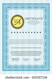 Light blue Certificate of achievement. With guilloche pattern. Vector illustration. Nice design. 