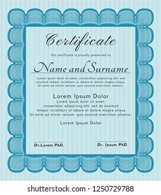 Light blue Certificate of achievement. With linear background. Vector illustration. Elegant design. 