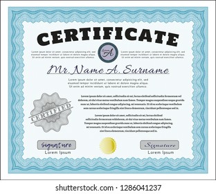 Light blue Certificate of achievement. With linear background. Vector illustration. Cordial design. 