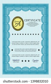 Light blue Certificate of achievement. With linear background. Detailed. Artistry design. 