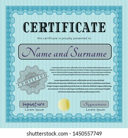 Light blue Certificate of achievement. With linear background. Vector illustration. Superior design. 