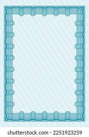 Light blue Certificate of achievement.  Money Pattern design.  Printer friendly.  Vector illustration. 