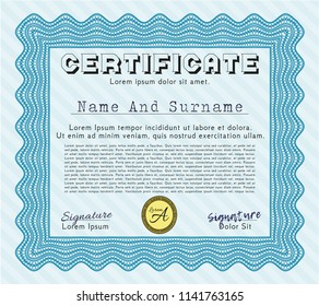 Light blue Certificate of achievement. Nice design. With complex background. Detailed. 