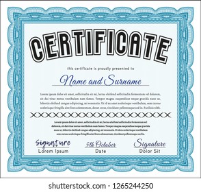 Light blue Certificate of achievement. Nice design. Detailed. With linear background. 