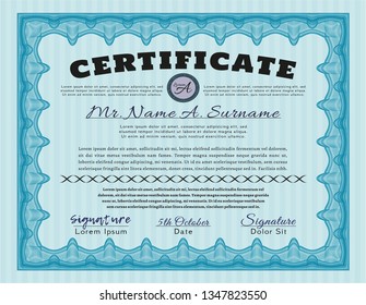 Light blue Certificate of achievement. Nice design. Vector illustration. With complex background. 