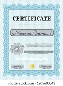 Light blue Certificate of achievement. Perfect design. Vector illustration. With guilloche pattern. 