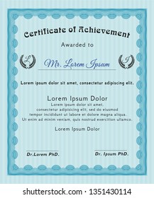 Light blue Certificate of achievement. Perfect design. Printer friendly. Vector illustration. 