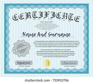 Light blue Certificate of achievement. Perfect design. With great quality guilloche pattern. Detailed. 