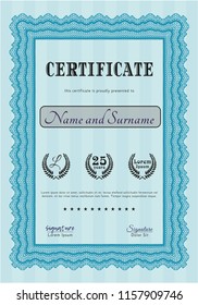 Light blue Certificate of achievement. Printer friendly. Money Pattern. Detailed. 