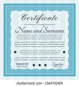 Light blue Certificate of achievement. Printer friendly. Vector illustration. Good design. 