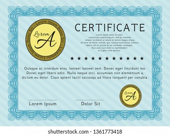 Light blue Certificate of achievement. Printer friendly. Modern design. Vector illustration. 