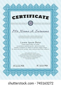 Light blue Certificate of achievement. Sophisticated design. Printer friendly. Customizable, Easy to edit and change colors. 
