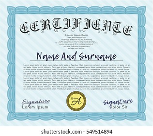 Light blue Certificate of achievement. Superior design. Customizable, Easy to edit and change colors. With guilloche pattern and background. 
