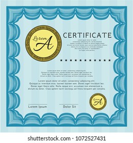  Light blue Certificate of achievement template. With complex linear background. Sophisticated design. Vector illustration. 