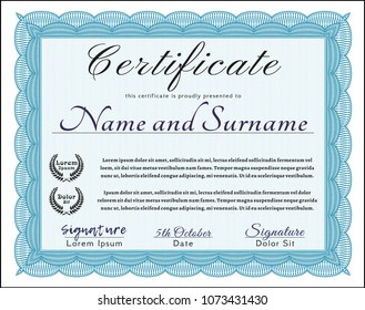  Light blue Certificate of achievement template. Superior design. Detailed. With complex background. 