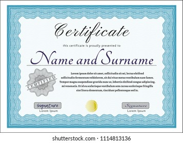 Light blue Certificate of achievement template. Detailed. Printer friendly. Good design. 