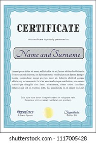 Light blue Certificate of achievement template. With guilloche pattern and background. Detailed. Lovely design. 