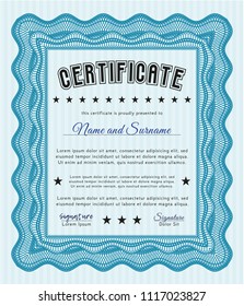 Light blue Certificate of achievement template. Vector illustration. With background. Money Pattern. 