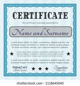 Light blue Certificate of achievement template. Detailed. With complex background. Excellent design. 