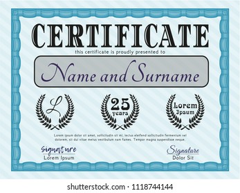 Light blue Certificate of achievement template. With guilloche pattern and background. Nice design. Vector illustration. 