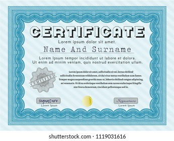 Light blue Certificate of achievement template. With complex linear background. Vector illustration. Excellent design. 