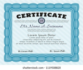 Light blue Certificate of achievement template. Perfect design. With guilloche pattern. Detailed. 