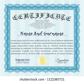 Light blue Certificate of achievement template. Customizable, Easy to edit and change colors. With great quality guilloche pattern. Money Pattern. 
