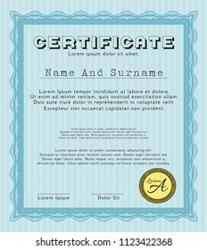Light blue Certificate of achievement template. With quality background. Cordial design. Detailed. 